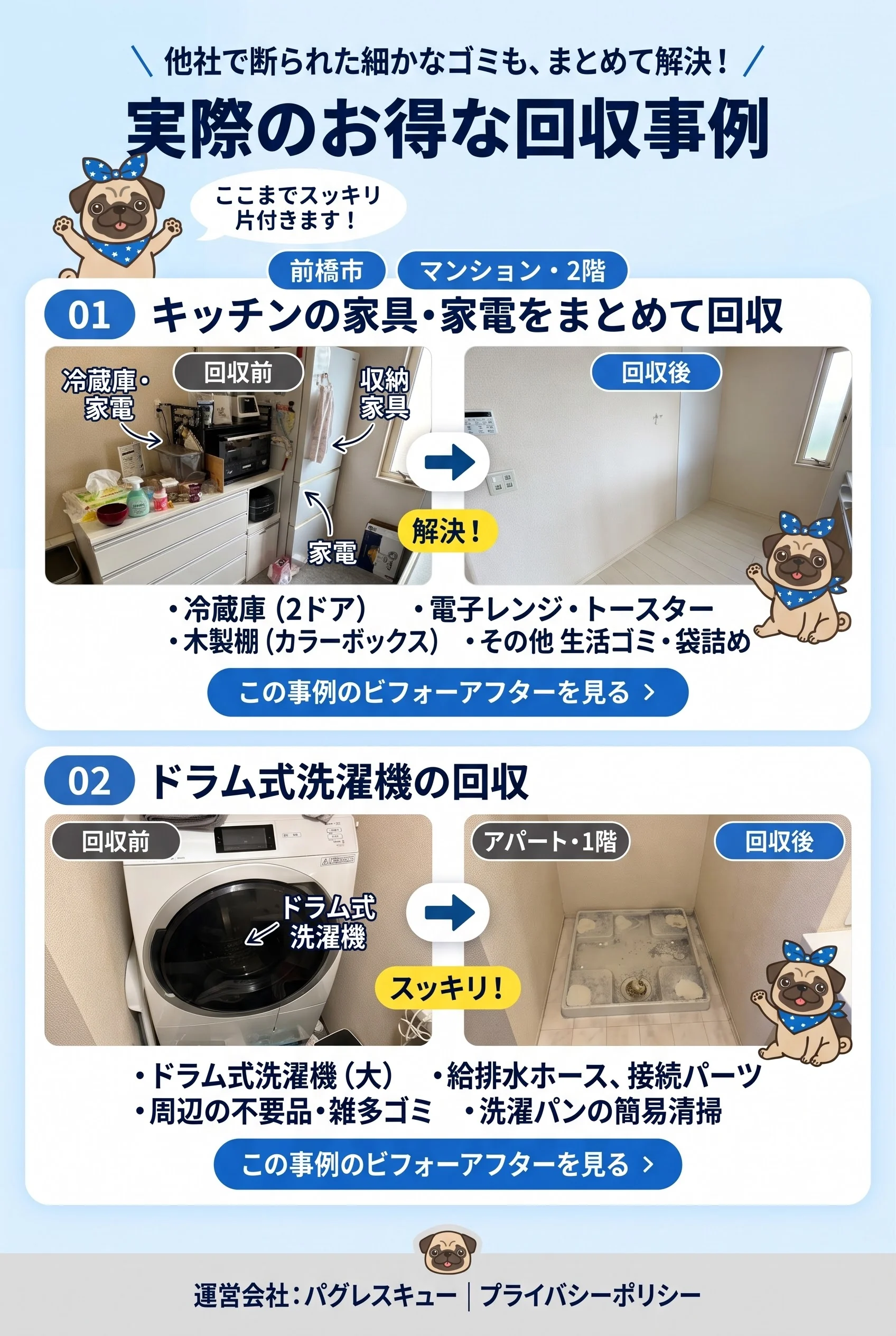 事例01：前橋市、マンション2階のキッチン家具・家電回収。事例02：アパート1階のドラム式洗濯機回収。回収前後の写真。
