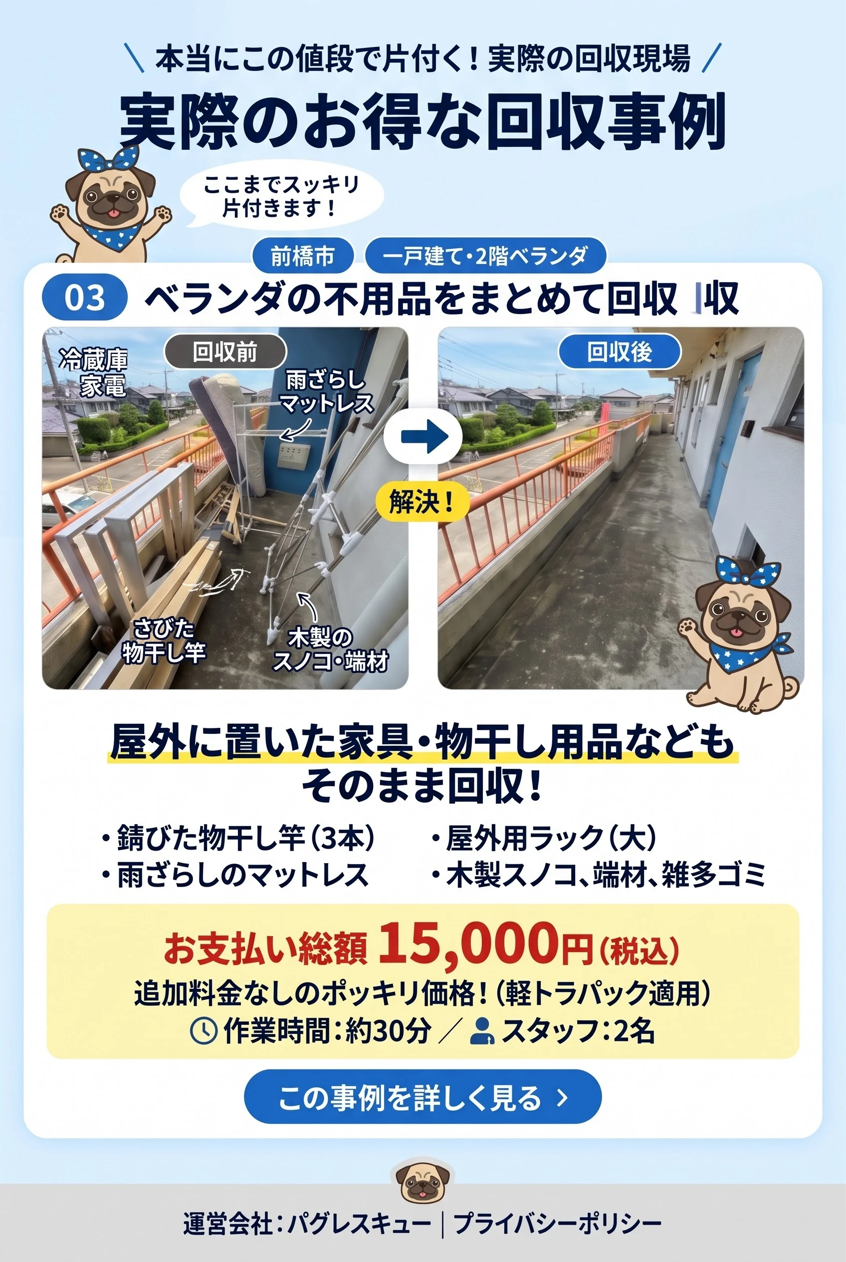 事例03：前橋市、一戸建て2階ベランダの不用品回収。税込15,000円、約30分、スタッフ2名。