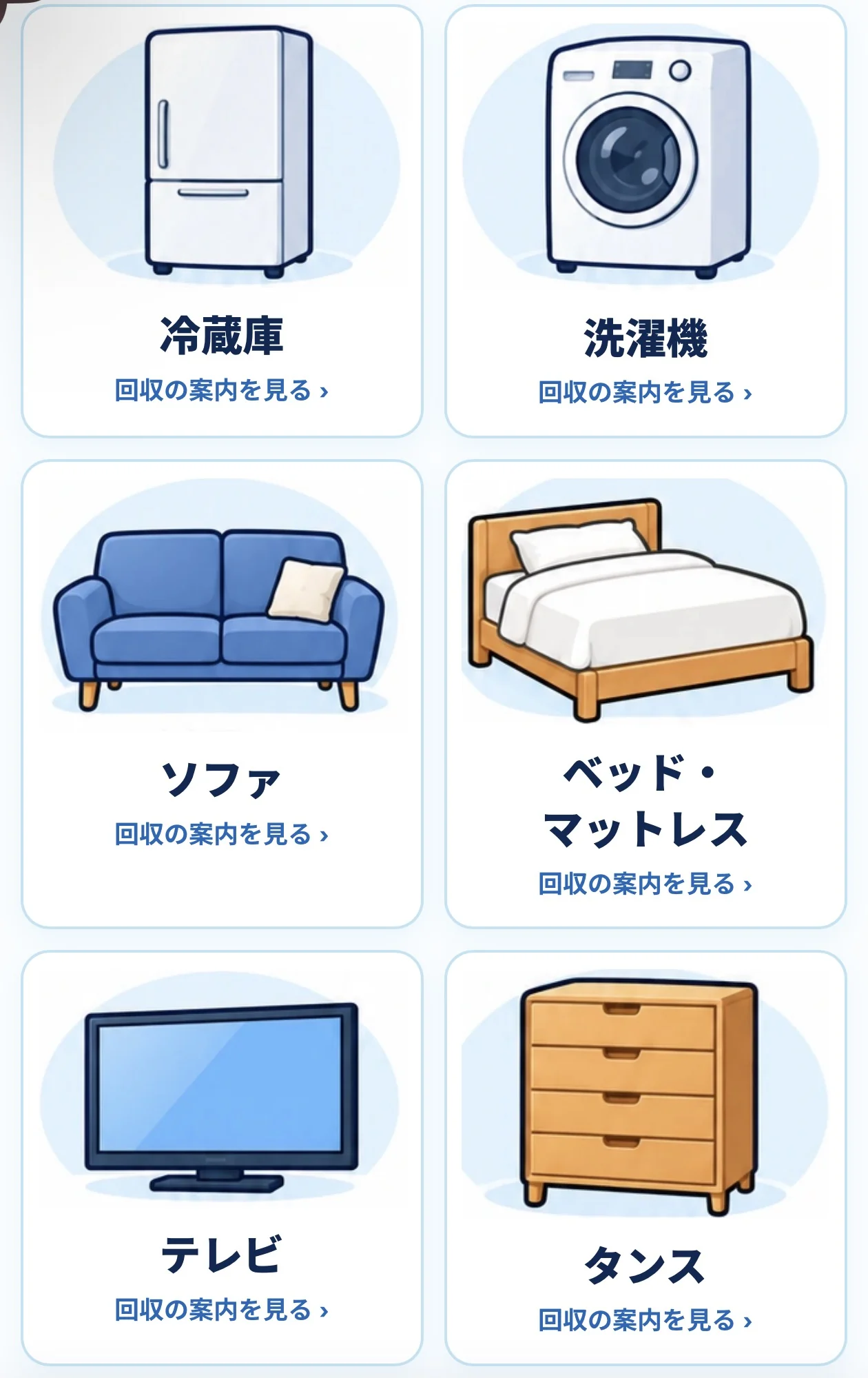 回収品目のご案内。冷蔵庫、洗濯機、ソファ、ベッド・マットレス、テレビ、タンス。