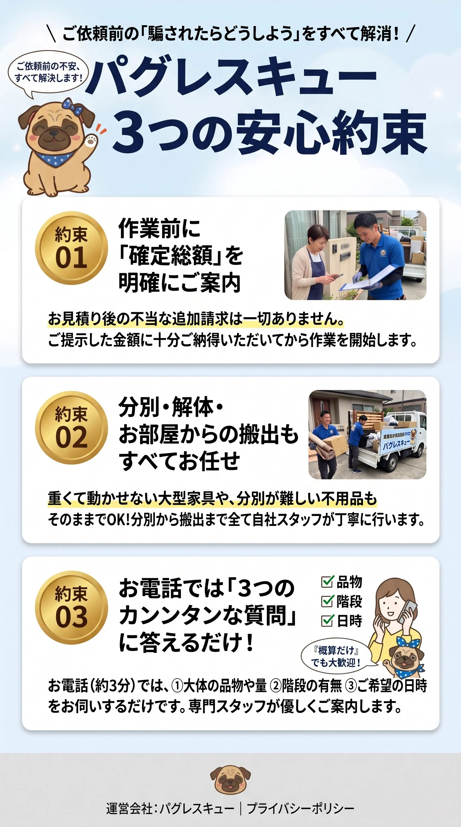 パグレスキューの3つの安心約束。作業前に確定総額を明確にご案内。分別・解体・お部屋からの搬出もお任せ。お電話では品物や量、階段の有無、ご希望の日時をお伺いします。